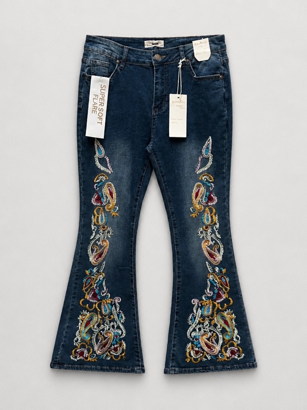 Bamboo NWT Size 15 Stretch Embroidered Flare Jeans Y2K Boho Dark wash